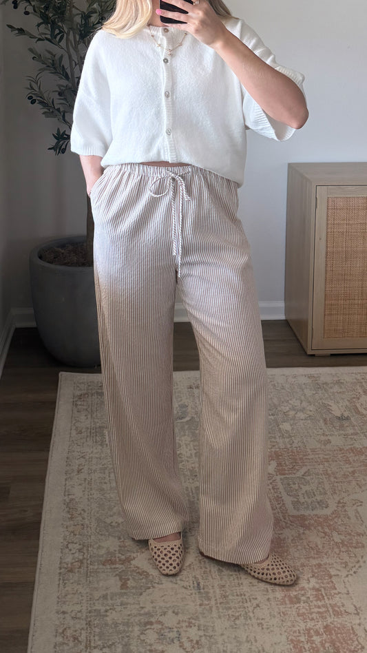 Pinstripe Wide Leg Pants / Tan