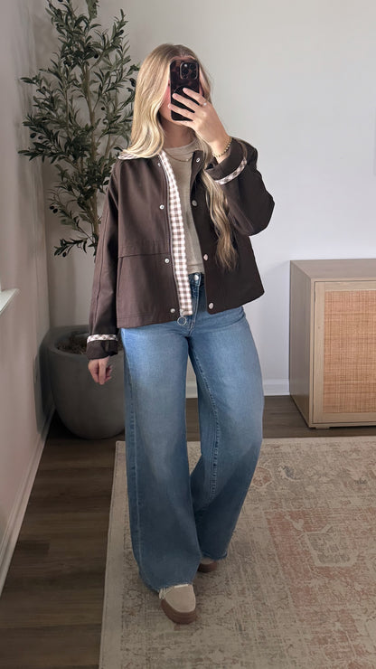 Cropped Gingham Jacket / Dark Brown