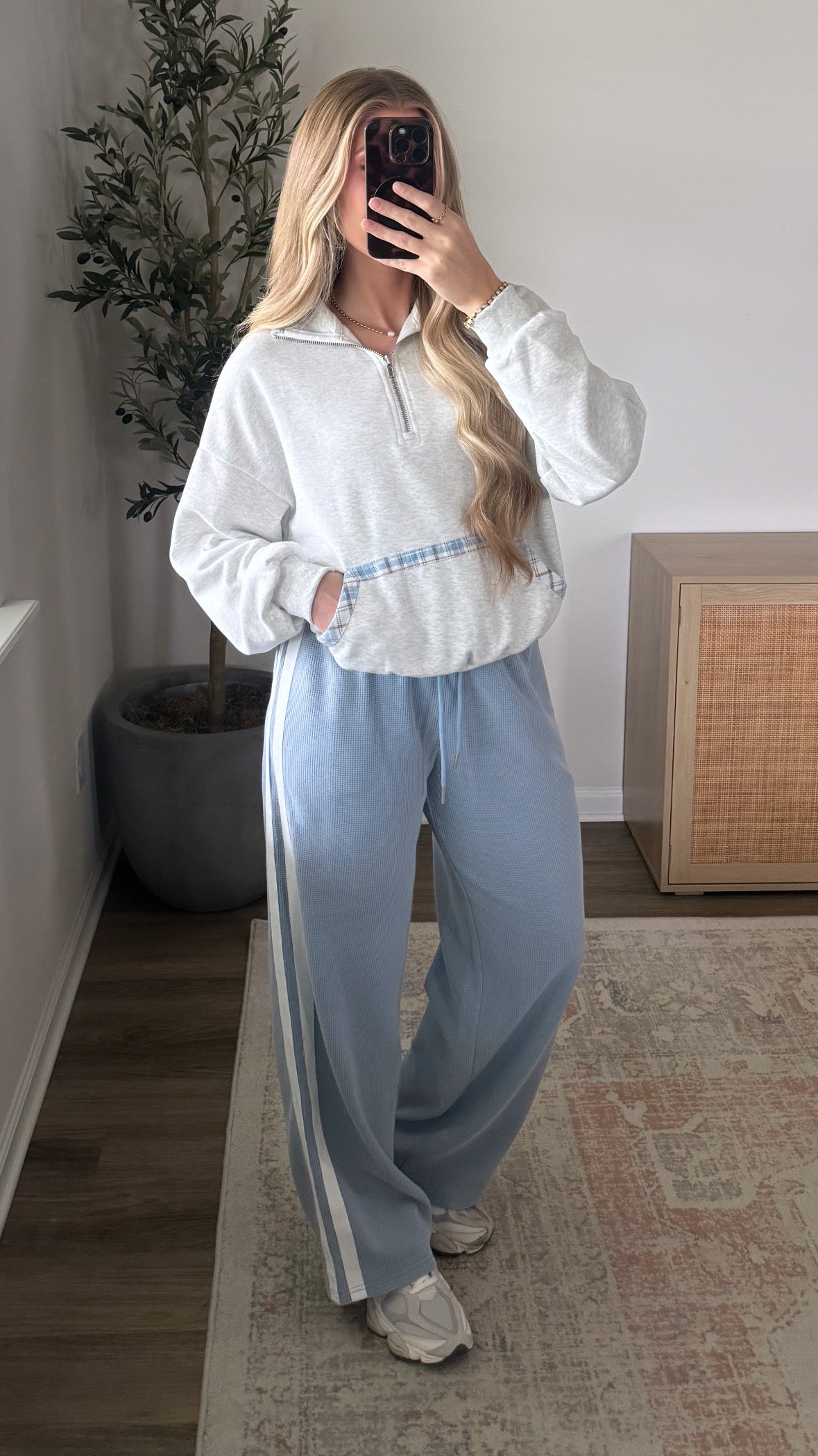 Plaid Trim Quarter Zip / Grey + Blue