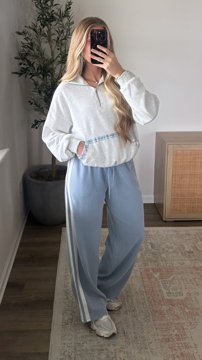 Plaid Trim Quarter Zip / Grey + Blue