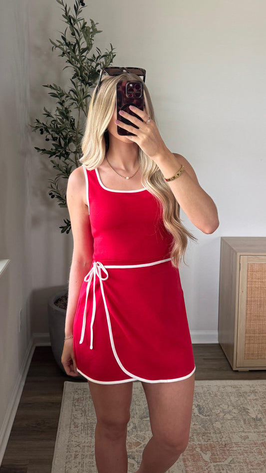 Scuba Wrap Romper Dress / Red