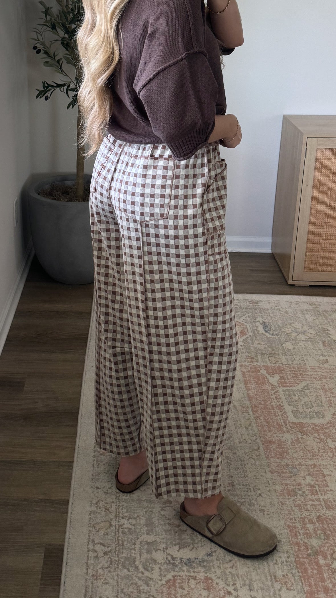 Gingham Brushed Barrel Pants / Brown