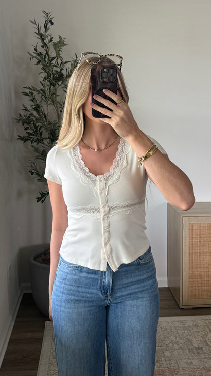 V-Neck Lace Detail Top / Cream