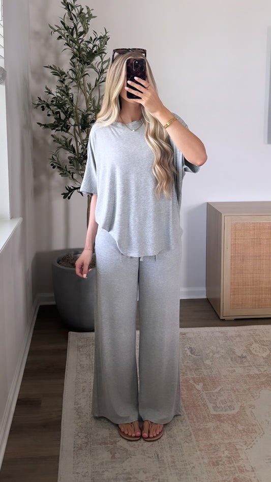 Rayon Ribbed Pants Set / Light Grey