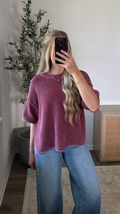 Vintage Short Sleeve Sweater / Burgundy