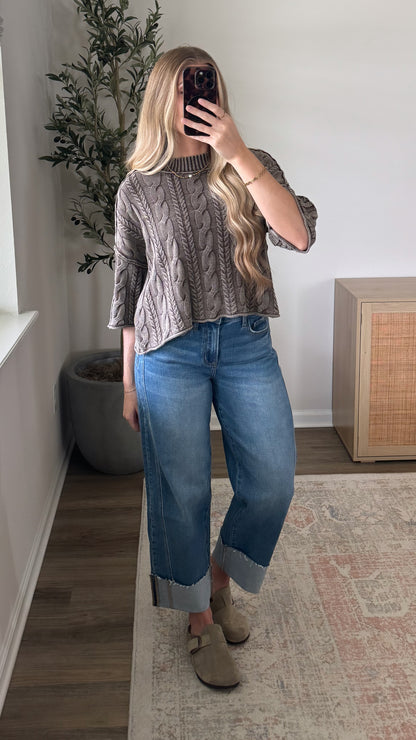 Short Sleeve Cable Knit / Washed Brown