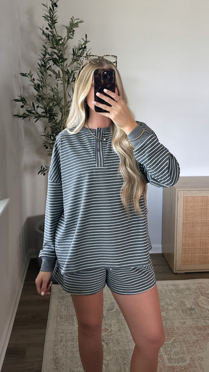 Striped Henley Shorts Set / Charcoal