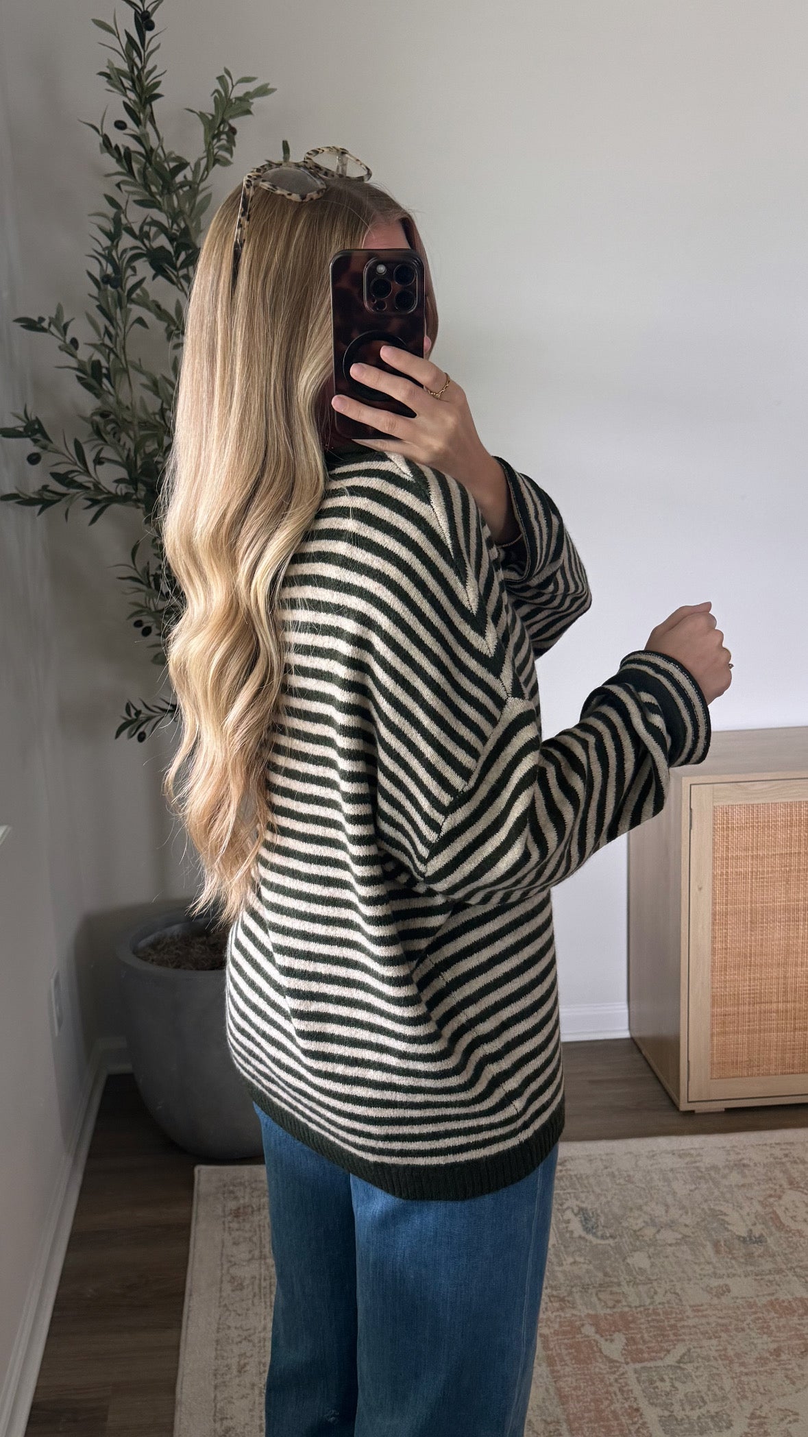 Chelsey Striped Henley Sweater / Olive Green