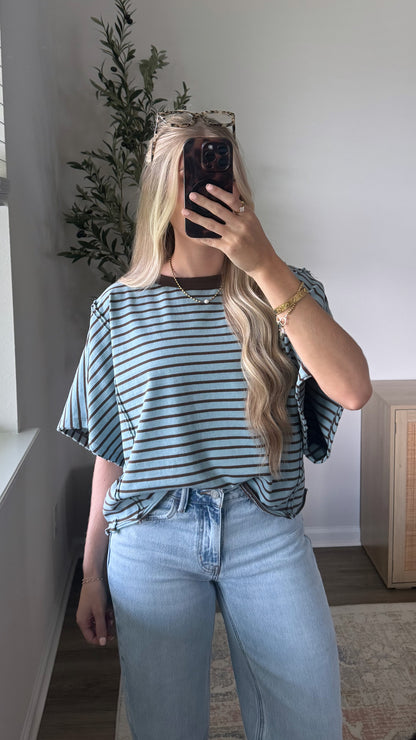 Striped Dolman Tee / Blue + Brown