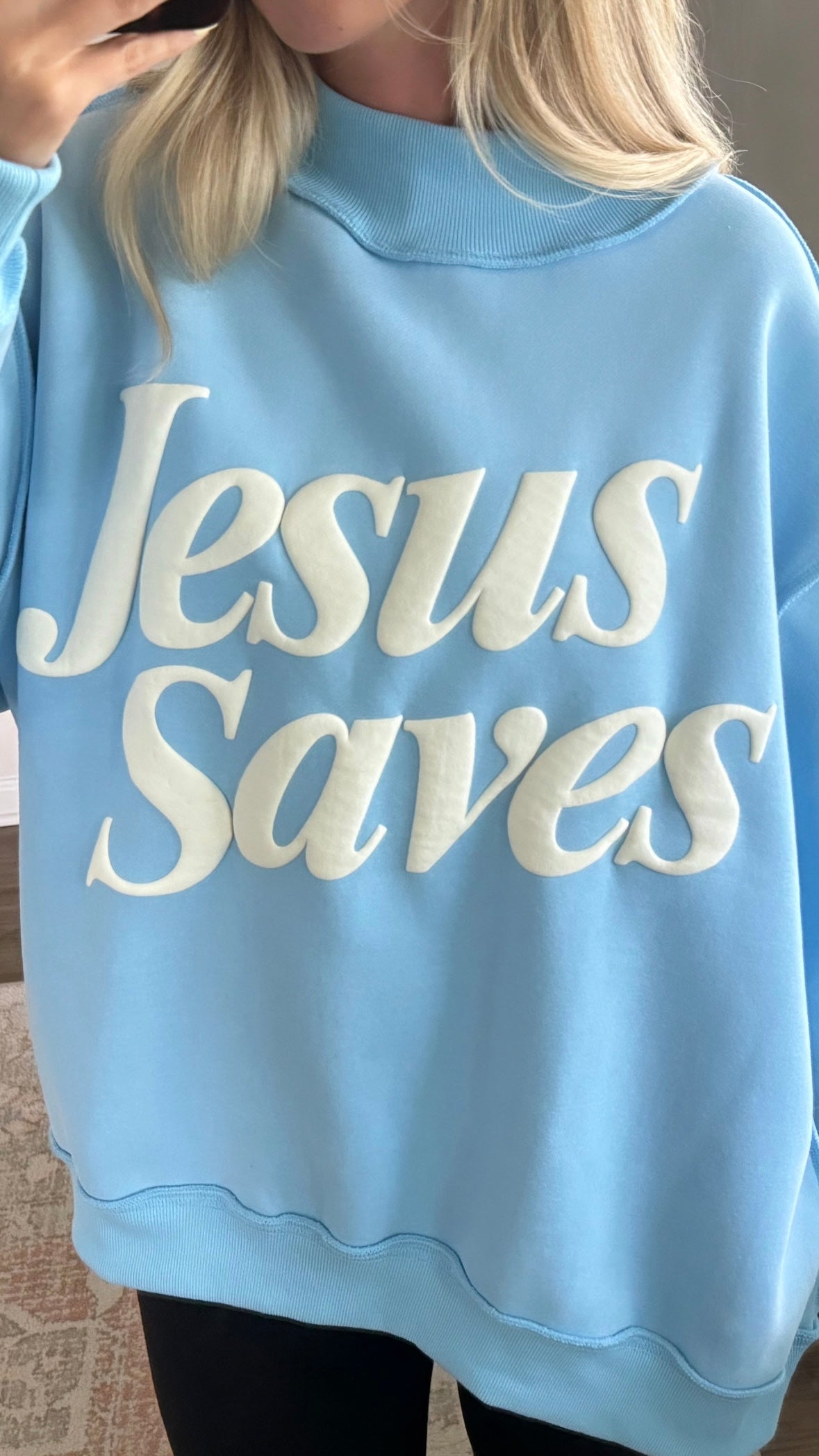 Jesus Saves Mock Neck Sweatshirt / Blue