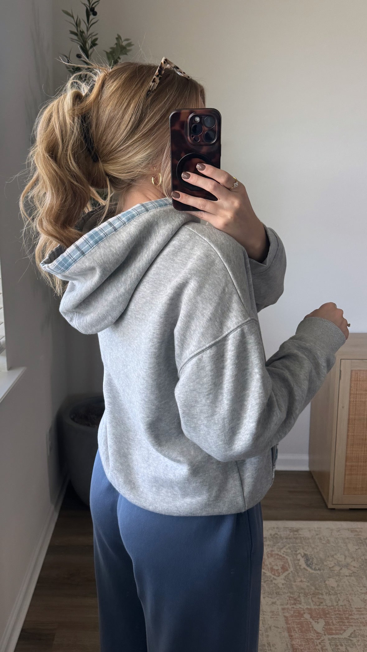 Plaid Trim Hoodie / Grey + Blue