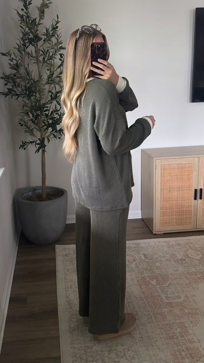 Macie Ribbed Pants Set / Olive Green