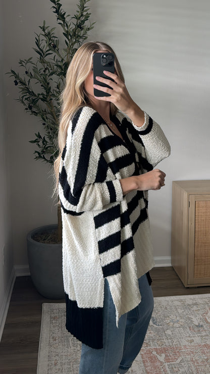 Oversized Striped Cardigan / Black + Cream