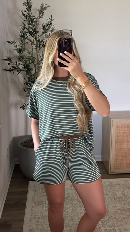 Gracie Striped Shorts Set / Olive + Brown