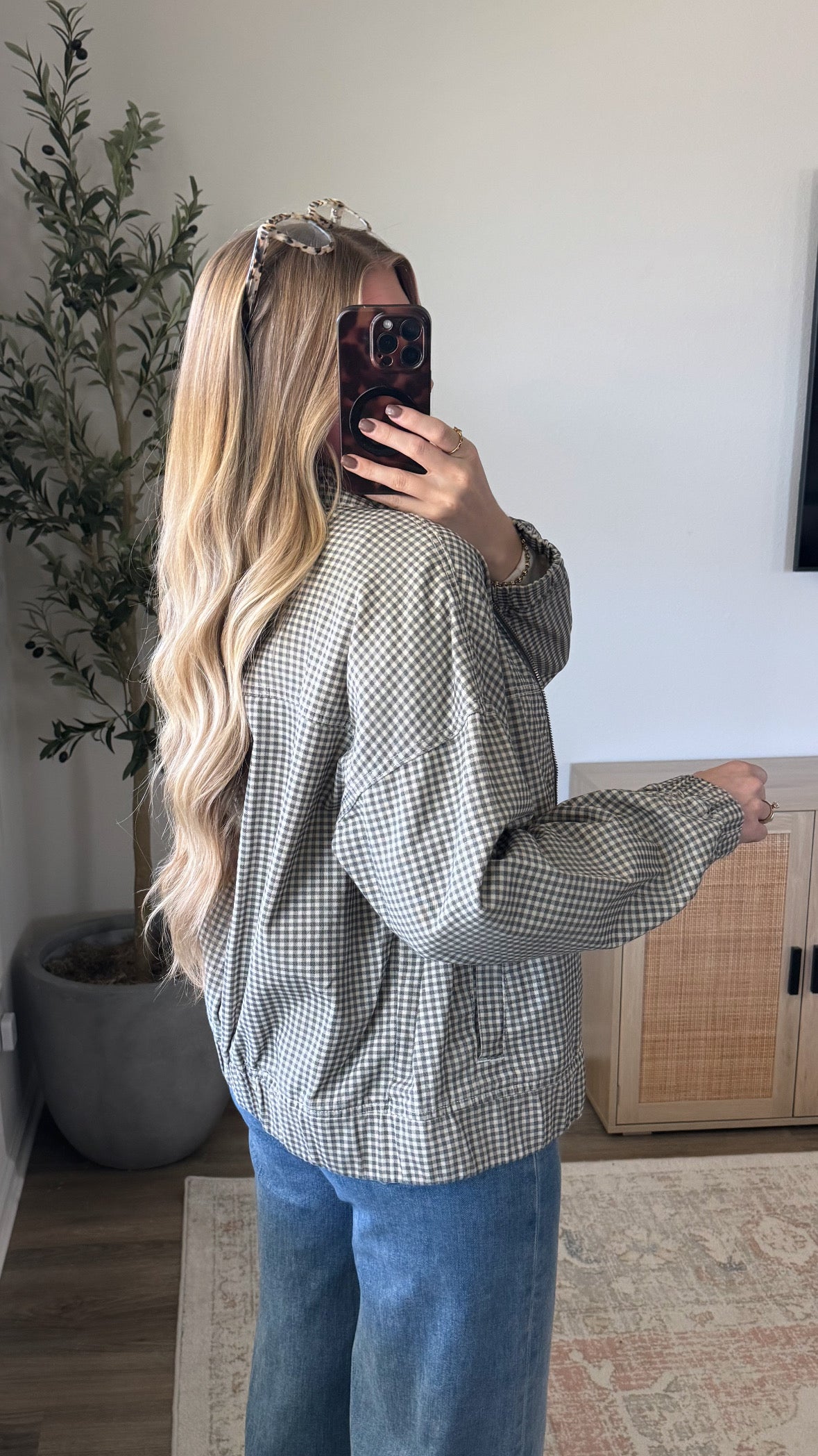 Gingham Bomber Jacket / Charcoal + Tan