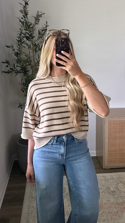 Striped Autumn Short Sleeve Knit / Oat + Brown