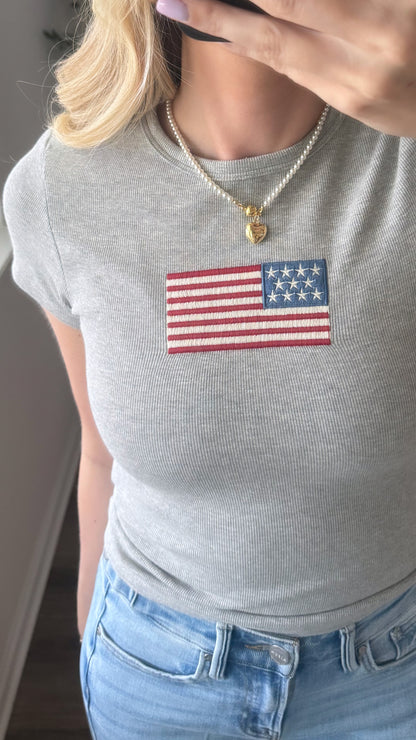 Embroidered Flag Tee / Grey