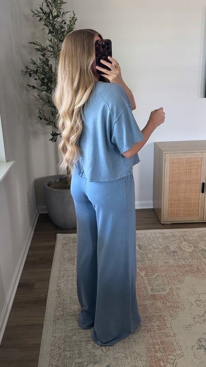 Daisy Wide Leg Pants Set / Light Blue