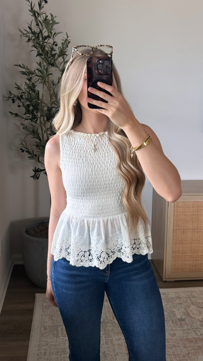 Lace Trim Peplum Top / Off White