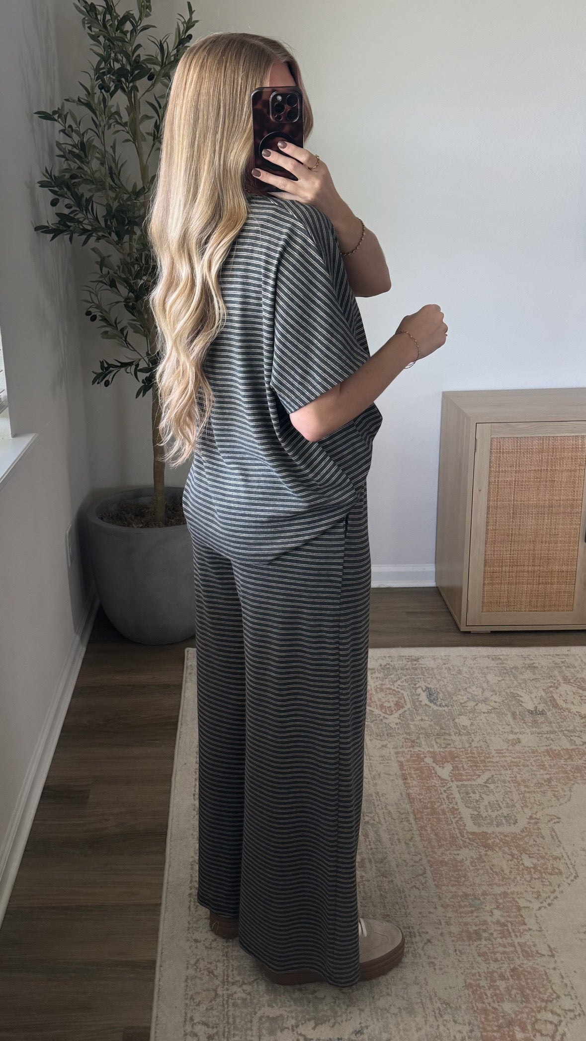Tessa Striped Pants Set / Charcoal + Olive