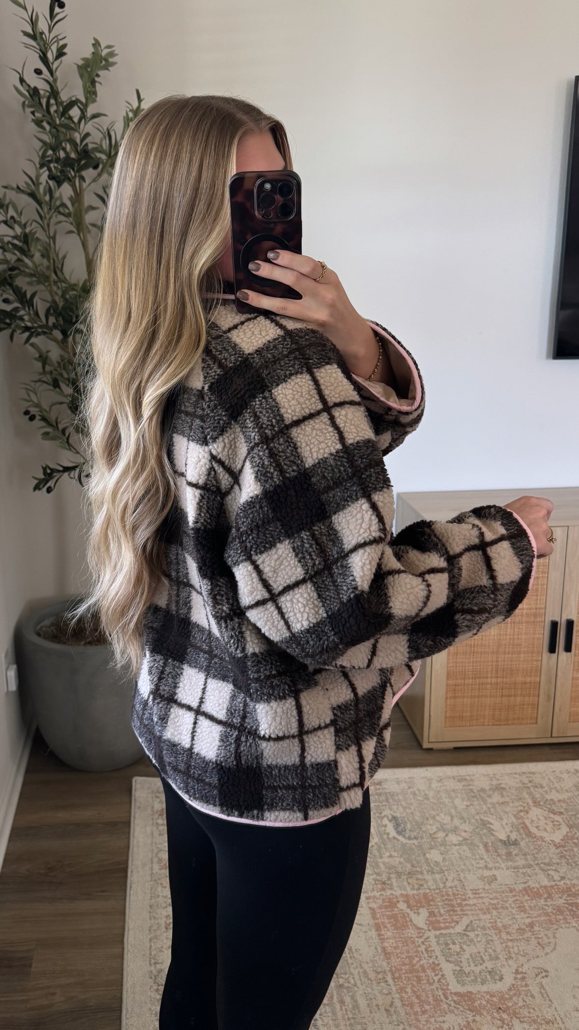 Plaid Sherpa Quarter Zip / Brown + Pink