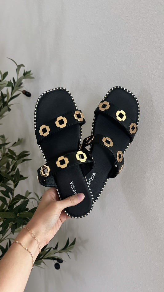 Ava Sandals / Black + Gold