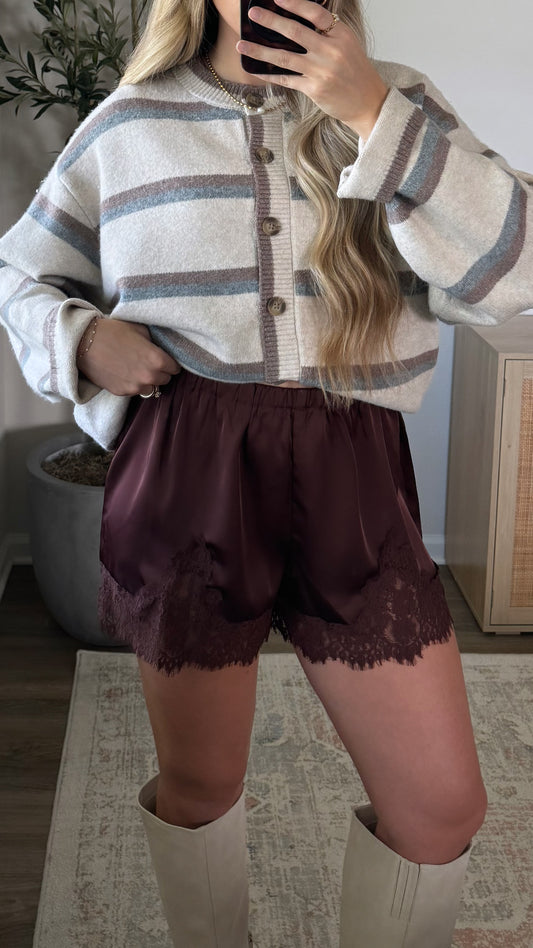 Lace Trim Satin Shorts / Brown
