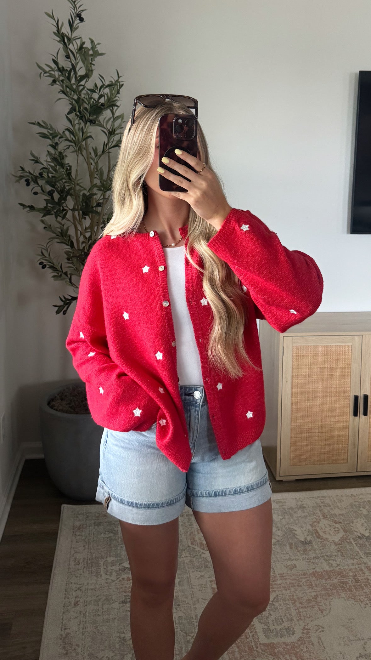 Embroidered Star Cardigan / Red