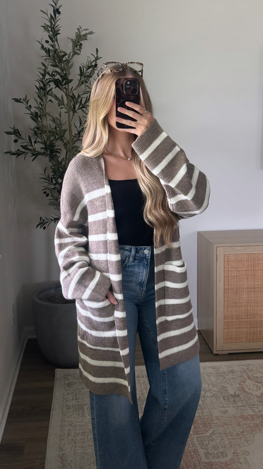 Striped Longline Cardigan / Dark Taupe