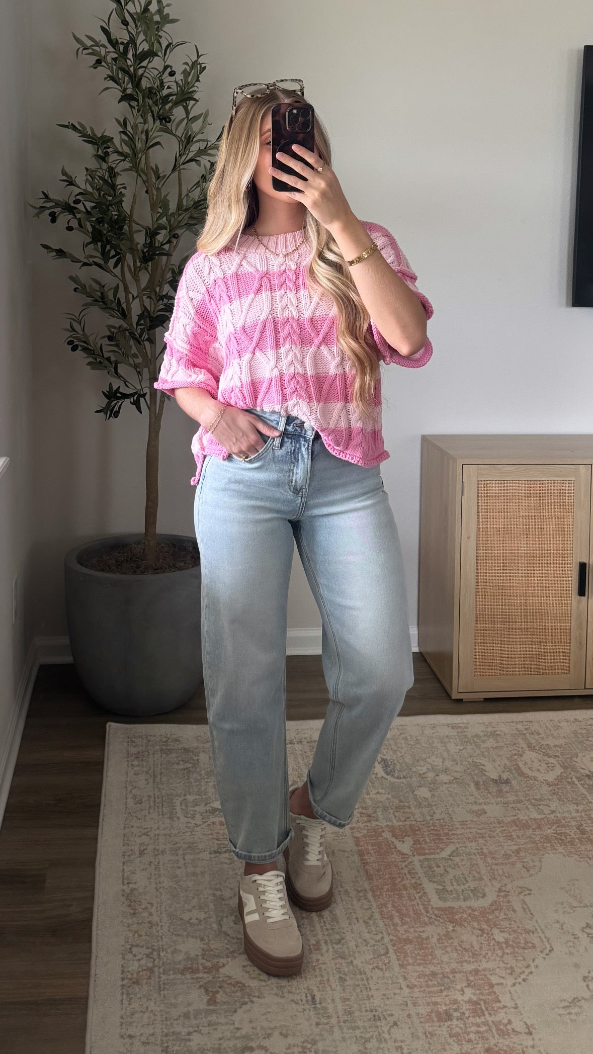 Short Sleeve Cable Knit Sweater / Pink Stripes