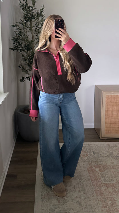 Sherpa Half Zip / Dark Brown + Pink