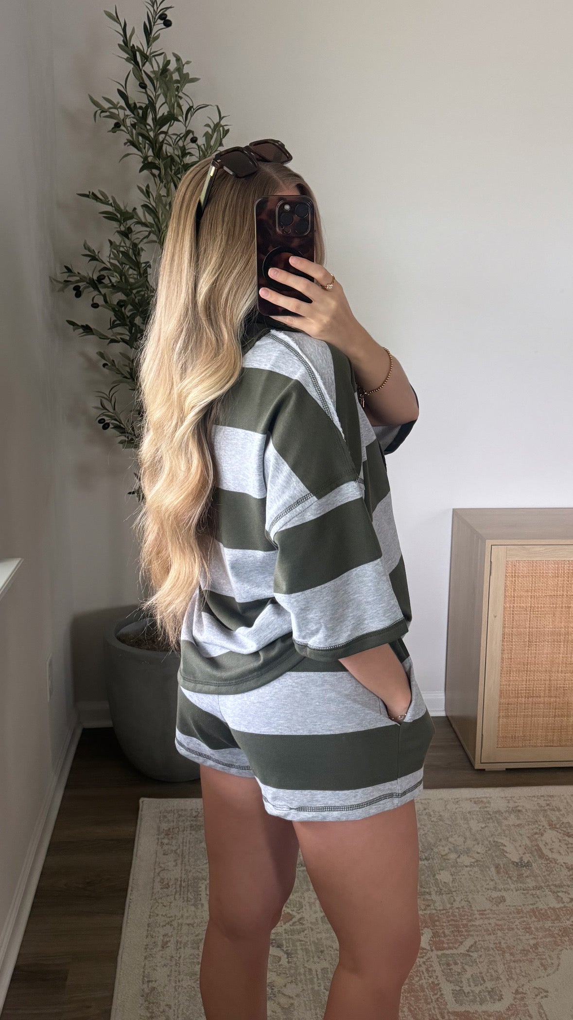 Retro Striped Shorts Set / Olive + Grey