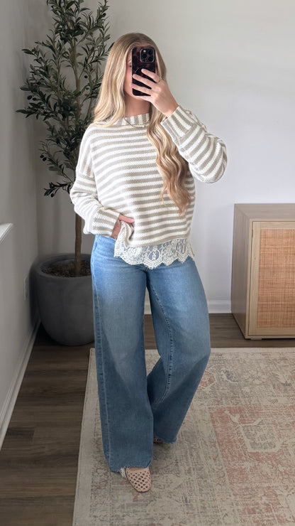 Josie Striped Lace Hem Long Sleeve / Taupe