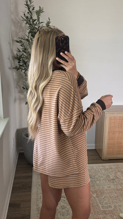 Striped Henley Shorts Set / Latte