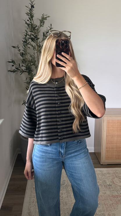 Natalie Striped Cardigan / Dark Olive + Black