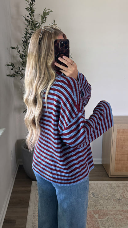 Hannah Striped Zip-Up / Blue + Burgundy