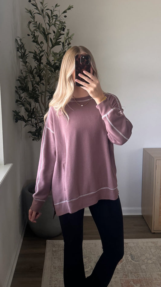Contrast Stitched Pullover / Dusty Rose