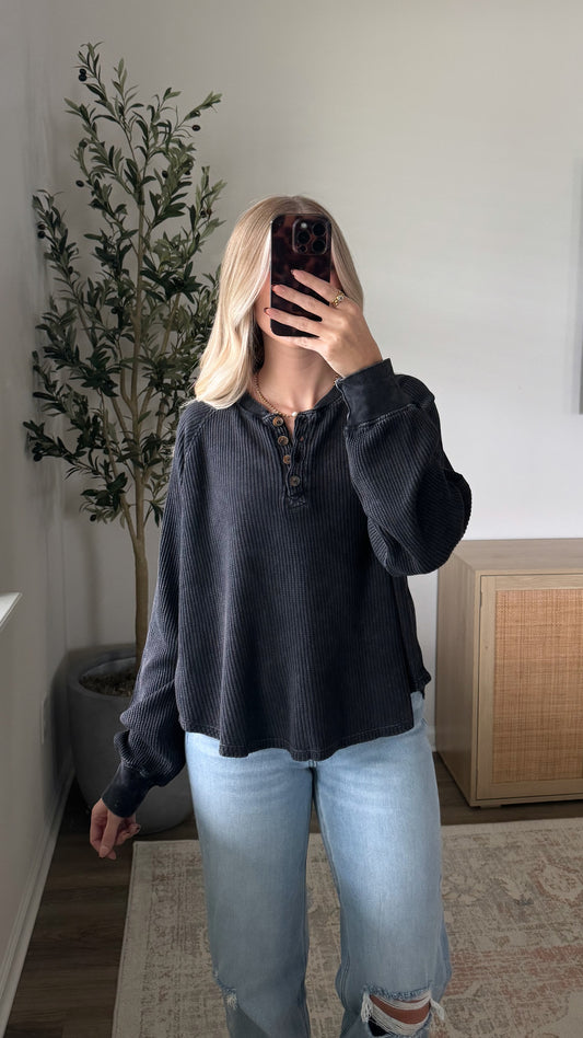 Henley Waffle Top / Black