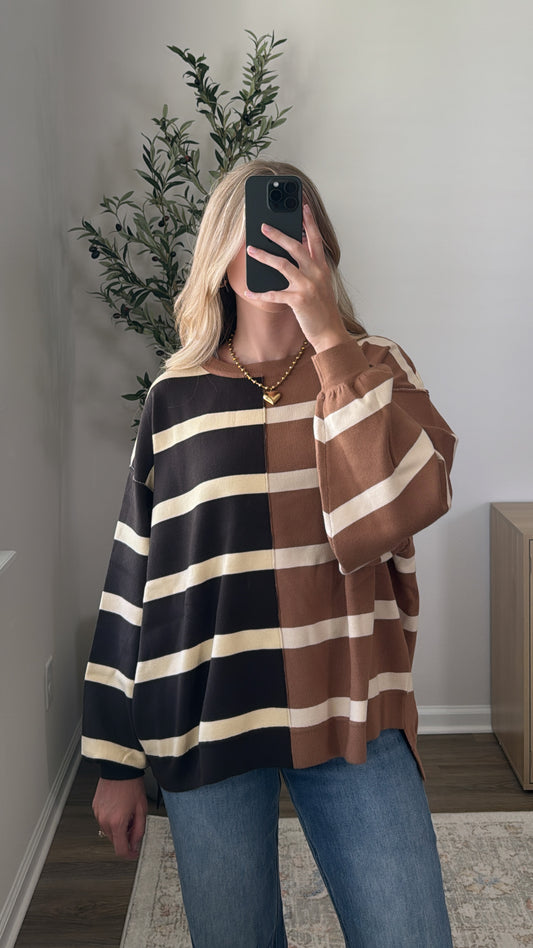 Contrast Striped Sweater / Mocha + Brown