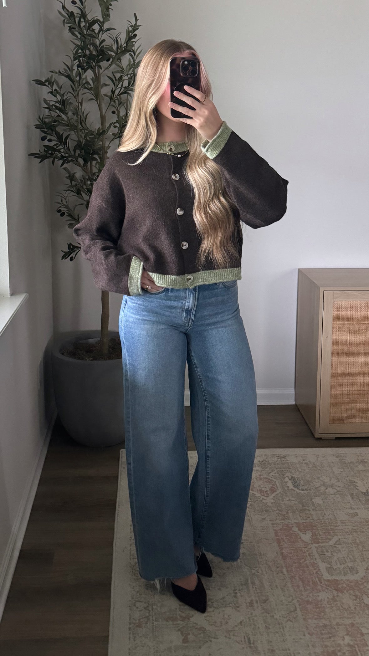 Contrast Cardigan / Brown + Green