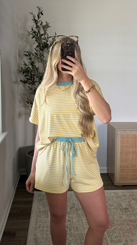 Gracie Striped Shorts Set / Yellow + Light Blue