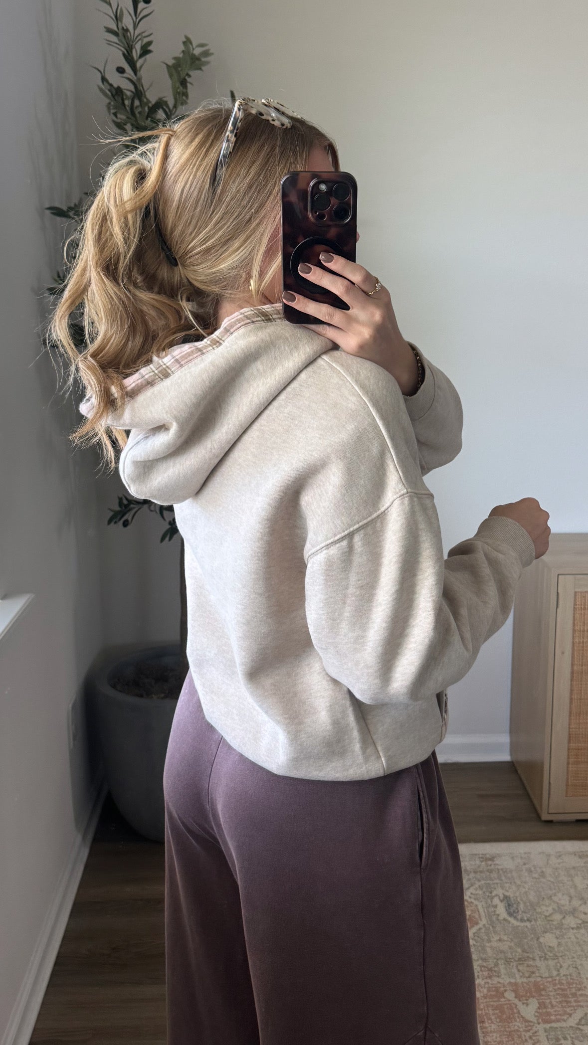 Plaid Trim Hoodie / Oatmeal + Pink