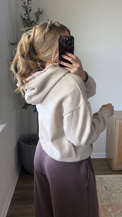 Plaid Trim Hoodie / Oatmeal + Pink