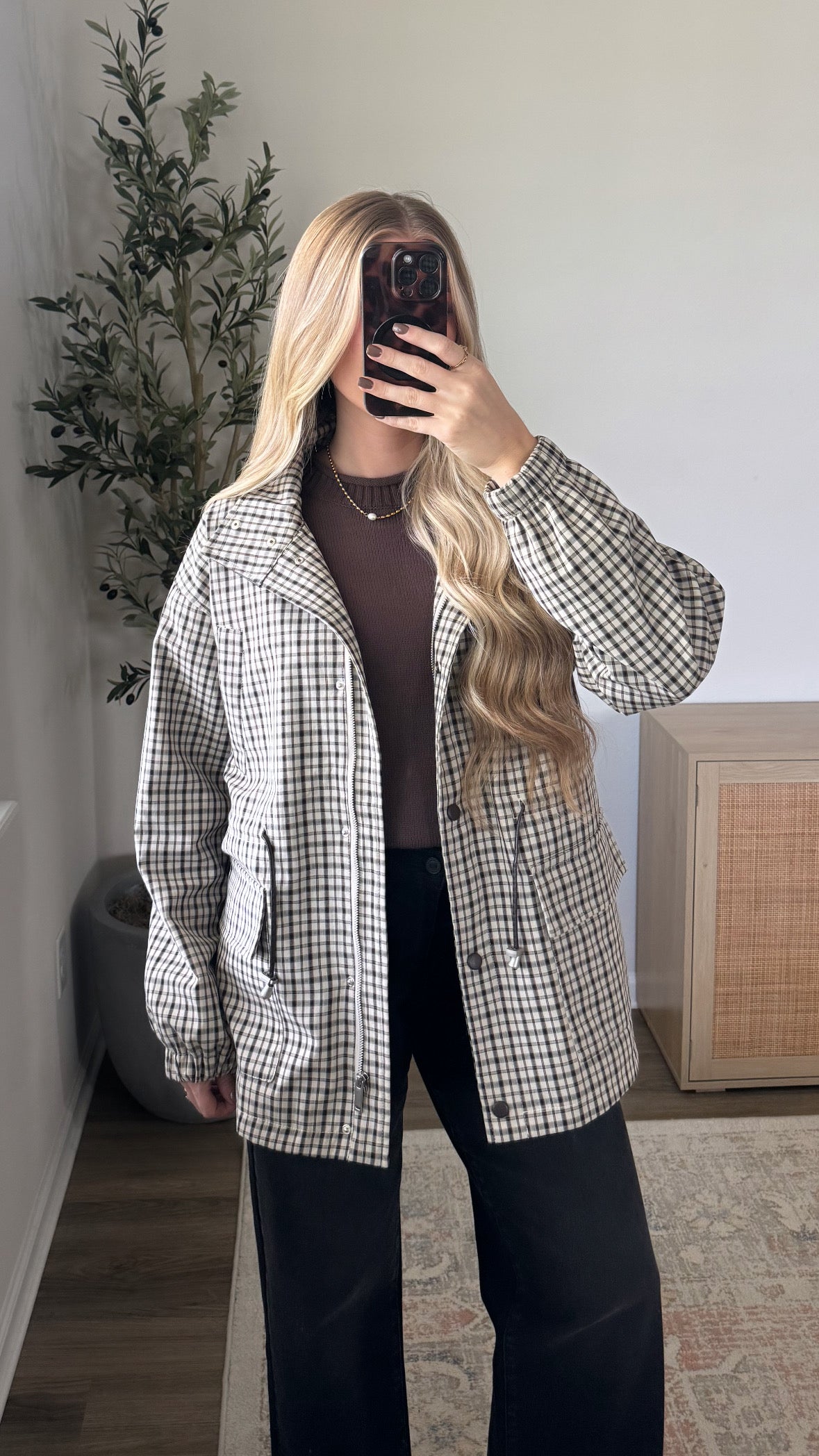Plaid Cinch Waist Jacket / Cream + Brown