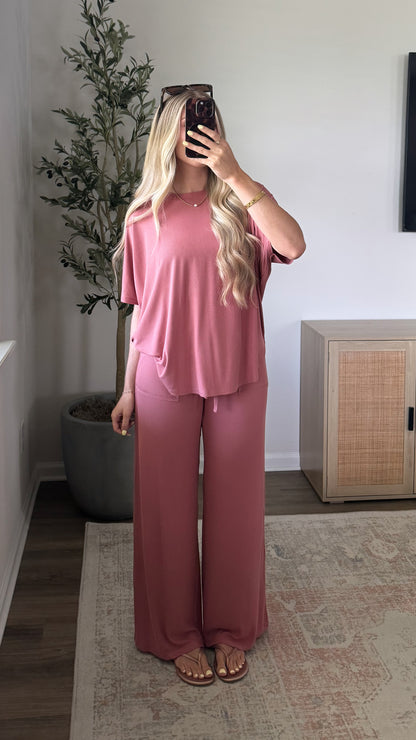 Rayon Ribbed Pants Set / Dusty Rose