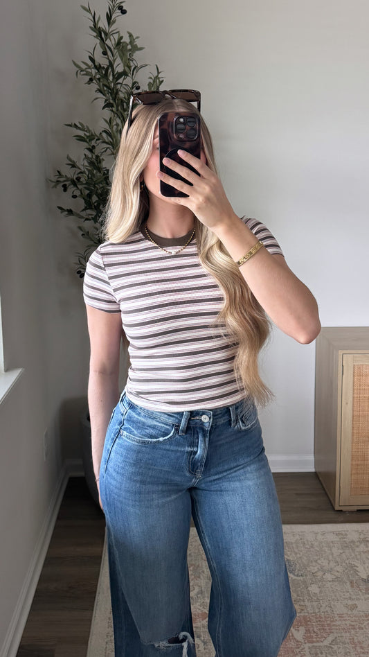 Rayon Ribbed Tee / Brown + Pink