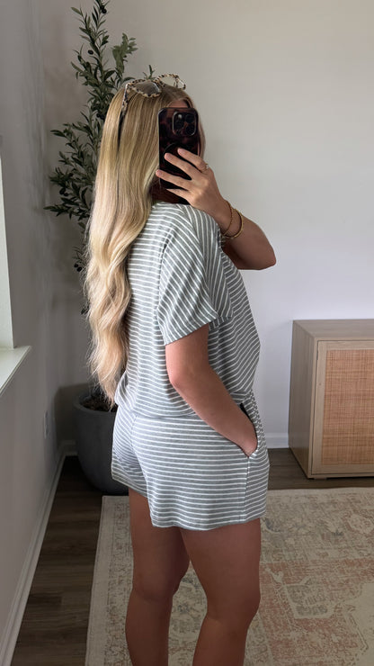 Gracie Striped Shorts Set / Grey + Green