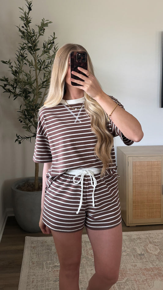 Lainey Striped Shorts Set / Dark Brown