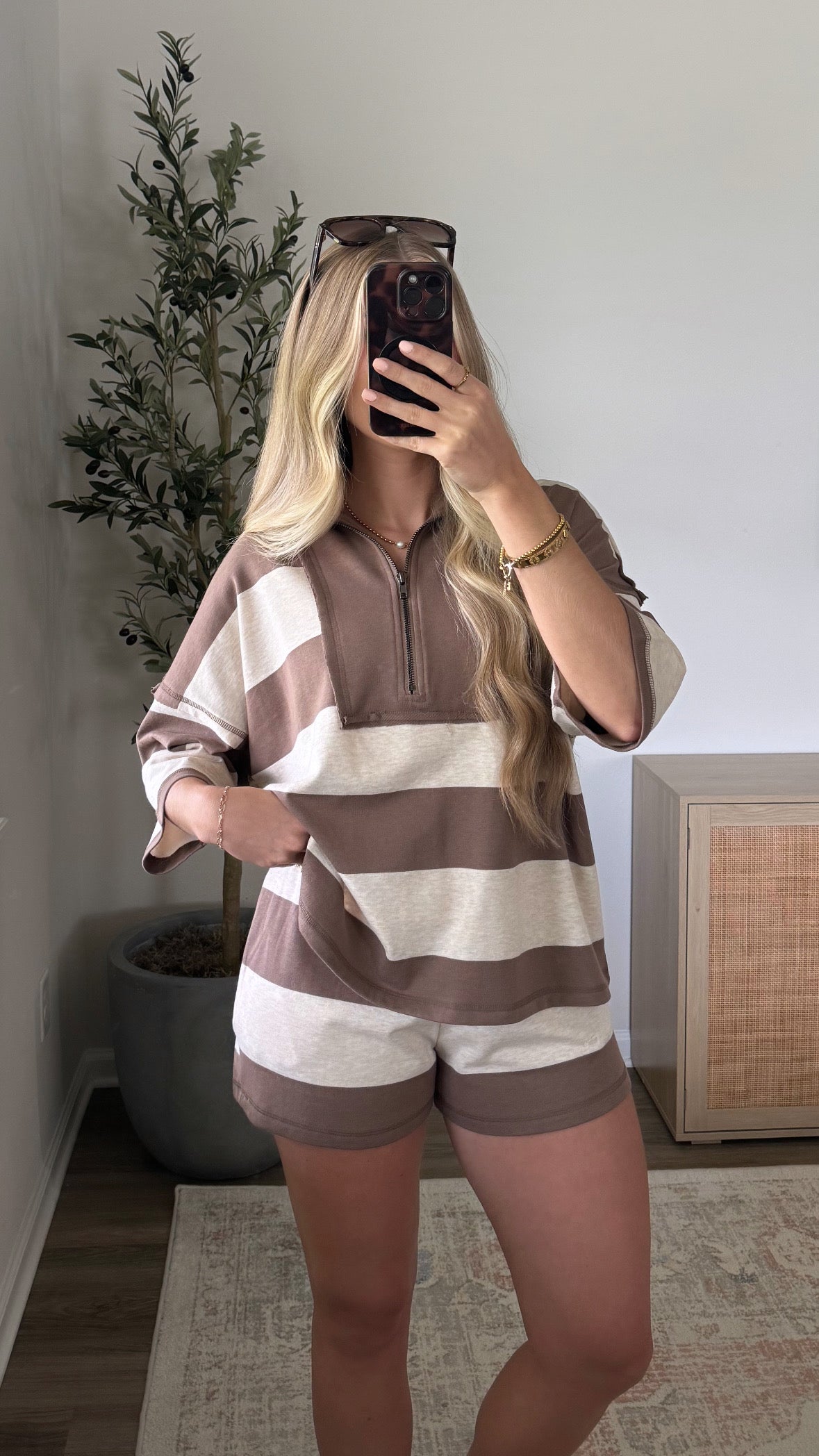 Retro Striped Shorts Set / Oat + Brown