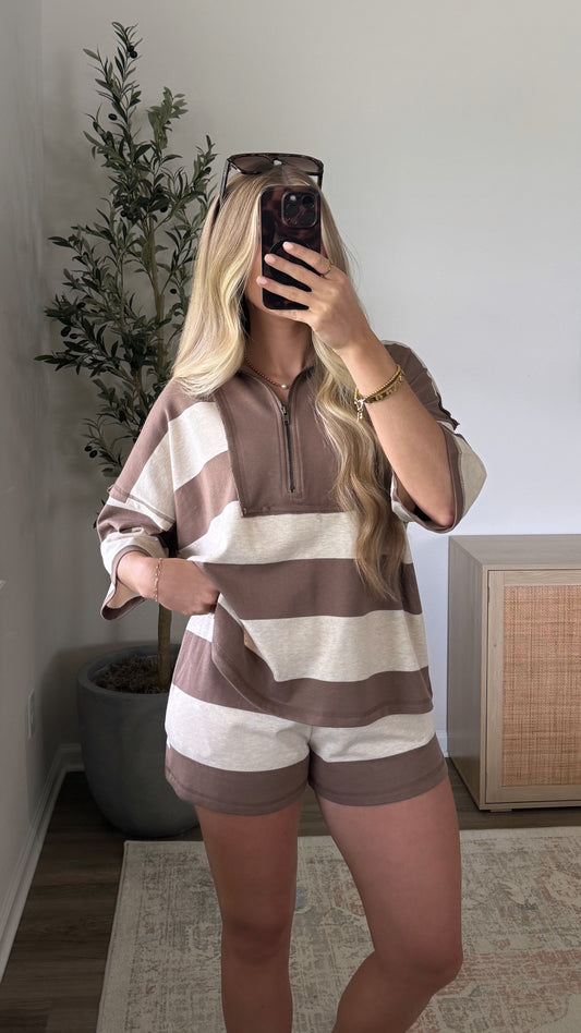 Retro Striped Shorts Set / Oat + Brown